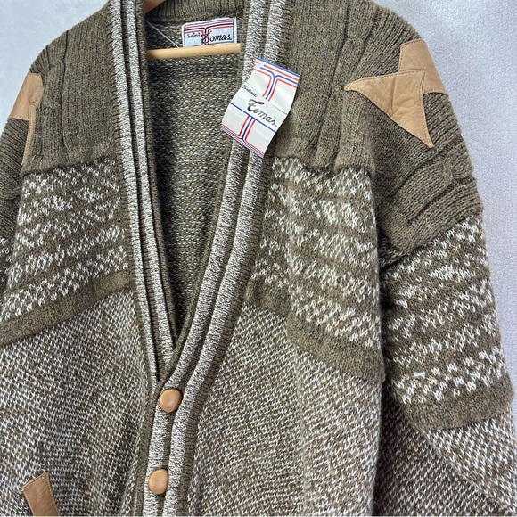 NOS Vintage 80’s Saint Tomas Leather Trimmed Patchwork Geometric Men Cardigan L - Picture 2 of 10